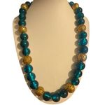 Vintage Blue Glass Bead Necklace Gold Tone Cage Beads Hook Clasp Estate 19.5" Photo 0