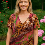 Quacker Factory  Leopard and Floral Print Rhinestone Blouse Artsy Eclectic Fun S Photo 0