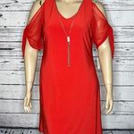 Dress Barn NWT Size 16 Red/Pink Cold Shoulder Chiffon Sleeve Dress w/ Necklace Photo 0