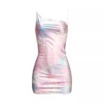 frankie's bikinis  Satin Mini Dress Draped Cowl Neck Tie Dye Pink Blue Photo 7