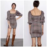 ZARA NWT  Bodycon Houndstooth Plaid Knit Dress Boat Halter Neck Black/Orange Sz L Photo 1