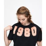 ZARA  TRF Black‎ '1980' Pink fur Crew Neck Tee Shirt Top Short Sleeve Womens Sz S Photo 2