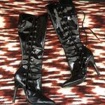 Gothic Dominatrix Subversive Apocalyptic Black patent leather over the knee high lace up boots stiletto 4” heels zipper closure #punk #gorpcore #cyber #steampunk Size 7 Photo 0