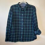 Tommy Hilfiger Womens Button Down Shirt Top Blue Green Plaid Roll Up Sleeve L Photo 0