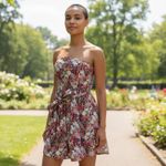 Papaya  Strapless Floral Fit & Flare Smocked Back Boho Cottagecore  Medium Lined Photo 1