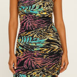 Love j Black Strapless Ruched Mini Dress Tropical Print Party Cocktail Small Photo 0