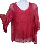 Silk Bohemian Sheer Top Made in Italy Lace Trim Romantic Bell Sleeves Large Pink Photo 1
