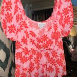 Francesca's Tropical Floral Pink And Red Ruffled Top With Puffed Sleeves Photo 0