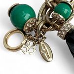 Ann Taylor  Charm Bracelet Gold Tone Chain Rhinestone Green Beads Leather Tassel Photo 2