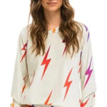 Aviator Nation Aviator Pullover Crewneck Sweatshirt in Cream Rainbow Lightning Velour Size M Photo 0