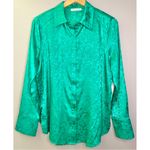 12th Tribe Floral Jacquard Pattern Vibrant Green Satin Button Down Shirt Blouse Photo 1