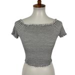 Large Striped Ribbed Lettuce Hem Off Shoulder Cropped Top Y2K Aesthetic Size M Photo 1