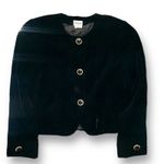 Vintage Black Velvet Cropped Collarless Jacket Gold Button Glam Size 8 Elegant Photo 1