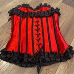 None Ruby Red Steel Bonded Satin Ribbon Overbust Ruffle Waist Trainer Corset … Photo 10