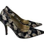 Nine West  Freda Black Ivory Palm Leaf Print Pumps Heels Shoes Pointy Toe Work 7M Photo 0