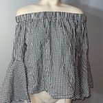 Neiman Marcus  black white checked off shoulder bell sleeve blouse large Photo 0