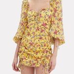 For Love & Lemons Beaumont Yellow Floral Silk Ruched Tie Mini Dress Size Medium Photo 0