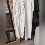 ASOS denim jumpsuit oatmeal wide leg straight beige lineny sleeveless pockets Photo 6