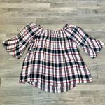 Crown & Ivy  Pink Blue Plaid 3/4 Sleeve Top On Or Off Shoulder J45 Photo 4