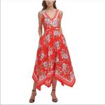 Vince Camuto Red Floral Print Sleeveless Handkerchief Hem Midi Dress Size 4 New Photo 13