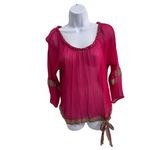 Lucky Brand Pink Long Sleeve Sheer Silk Brown Trim Tie Boho Blouse Size Large Photo 1