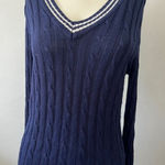 Vtg Womens preppy stripe Cable Knit Sweater XL academic nerd twee university Blue Photo 0