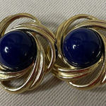 Trifari  Blue Cabochon Gold Tone Bezel Signed Clip On Earrings Statement Vintage‎ Photo 0