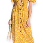 Mimi Chica  Yellow Floral Tie Front Button Midi Dress Bell Sleeve Boho Sz Medium Photo 0