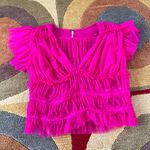 Free People Like-New  Making Me Smile Top Hot Pink Sheer Mesh Ruffle Medium Photo 0