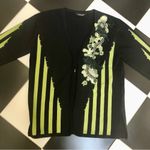 Vintage 90s Y2K Angora Tie Front Cardigan Sweater Black Lime Green Floral Large Photo 1