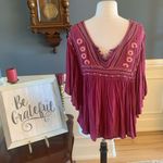 Japna  Flowy Top Hippie Boho Shirt Maroon Embroidered Womens M Batwing Dohlman Photo 6