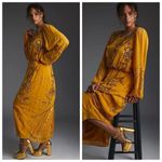 Anthropologie  Let Me Be Juliet Maxi Dress XS Mustard Sequin Sheer Embellished Photo 2