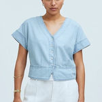 Madewell Pleated Short-Sleeve Top Women's XS Light Blue Denim Button Front NWT Photo 0