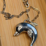 None Silver Dolphin Pendant Necklace With Rhinestone Accents On Gold-Tone Paperclip C Photo 0