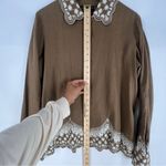 Dana Buchman 100% Linen Embroidered Button Front Brown Floral Scallop Trim 10 Photo 12