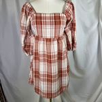 Monteau Los Angeles Dress XS Plaid Rust White Square Neck Balloon Sleeve New Photo 13
