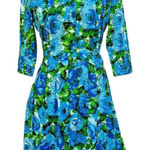 Newport News Dress Womens 4 Blue Green Watercolor 3/4 Sleeve Tie Button Front Photo 0