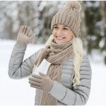 Winter Cozy Cable Knit Ivory 3pc Set Scarf Touchscreen Gloves Beanie Hat Cap Photo 5