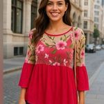 Cha Cha Vente Valentines Peplum Top Mesh Fairycore Romantic Floral Embroidered Pink Size L Photo 1