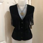 NWT Black Genuine suede leather fringe vest button up front Photo 2