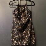 ASTR  lace open back mini cocktail halter mini dress black nude scalloped hem L Photo 0