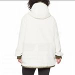 1 Madison  Ladies' Cream & Olive Khaki Trim Sherpa Fuzzy Hooded Full Zip Jacket Photo 5