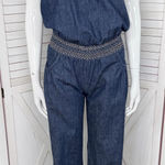 Poetry  Boho Smocked Strapless Wide Leg Chambray Jumpsuit Denim Blue Small Photo 0