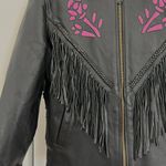 USA Bikers VTG Black Fringe Purple Rose Leather Zip Up Motorcycle Jacket (Size M) Photo 3