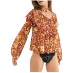 Free People Floral Ruffle Lace Bodysuit | Sheer Long Sleeve | Size Large Photo 2