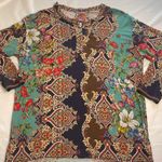 Johnny Was  Indi Flower Henley Tee Navy Brown Red Floral 95% Bamboo Boho Fall XS‎ Photo 0