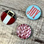 Christmas Holiday Santa Suit, Candy Cane, "Joy" Button Pin Lot of 3 Red Photo 0