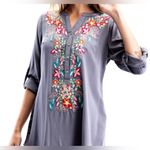 Solitaire Dove Tea Time Garden Tunic top dress gray embroidery colorful size L Photo 2