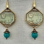 🌟 London (Greenwich Meridian) Map Drop Earrings w/ Turquoise Beads Gold Photo 0