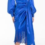 NEW Virgo’s Lounge Gabrielle Dress Navy Blue Wrap Ruffle Fringe Satin Size US 8 Photo 0